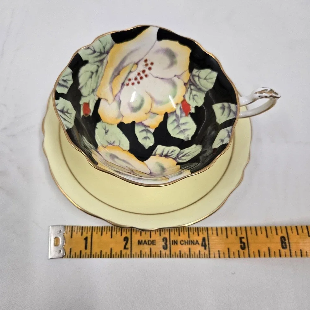 Paragon Fine Bone China Teacup & Saucer Black Yellow Hibiscus Vintage